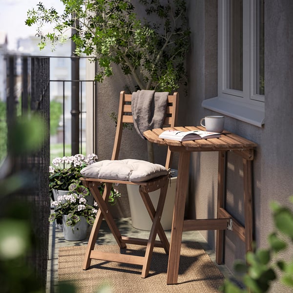 ASKHOLMEN - Wall table/1chair foldv exterior, dark brown/Kuddarna light gray-beige,70x44 cm