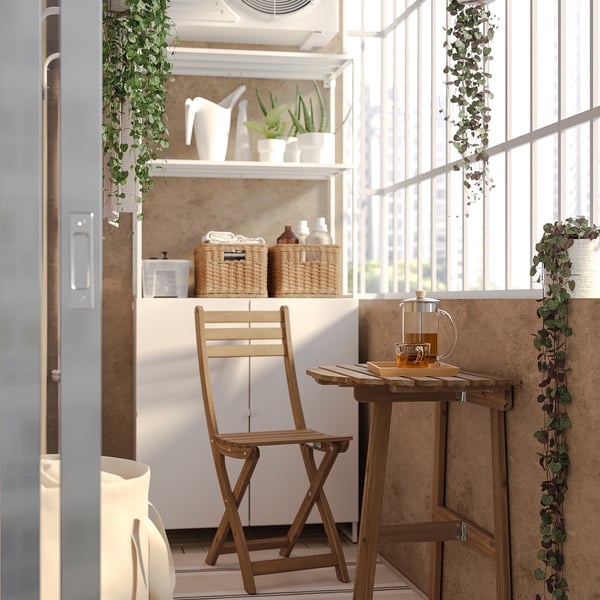 ASKHOLMEN table for wall+1 fold chr, outdoor, dark brown, 70x44 cm