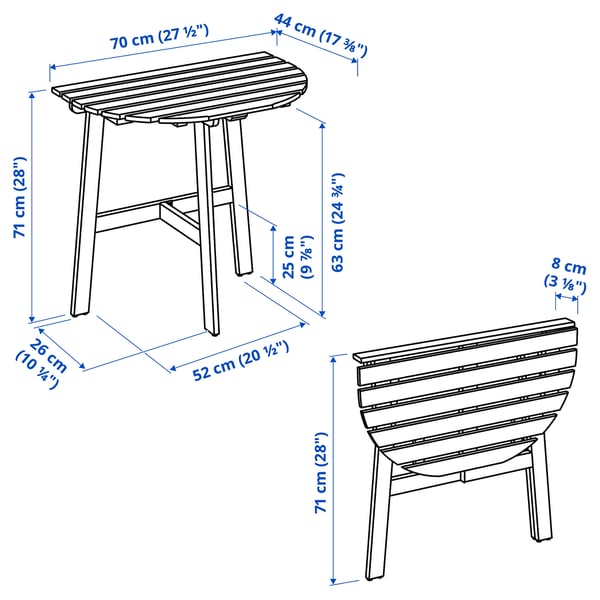 ASKHOLMEN table f wall+2 fold chairs, outdoor, dark brown/Frösön/Duvholmen beige, 70x44 cm