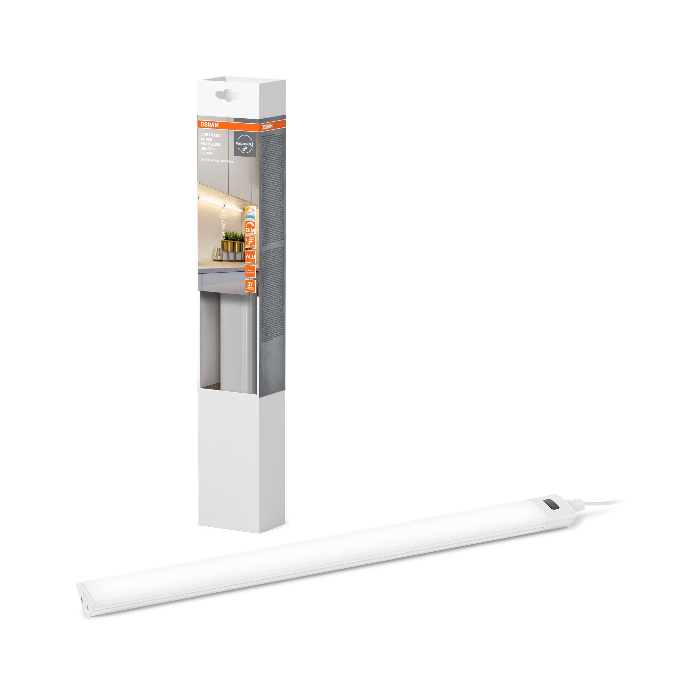 Corner under-cabinet light strip, white plastic, 35cm, LED 320lm, CCT, dimmable