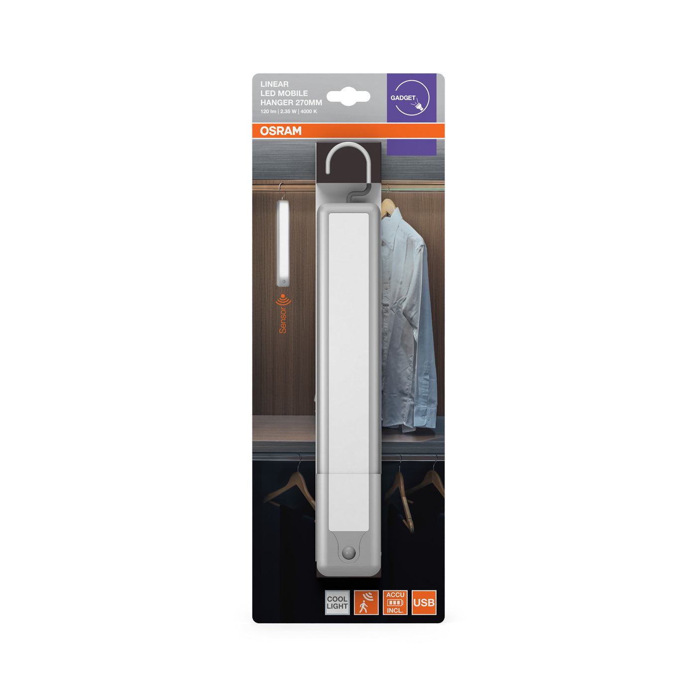 Light bar with hook, 47cm, LED 120lm, natural white light, USB rechargeable