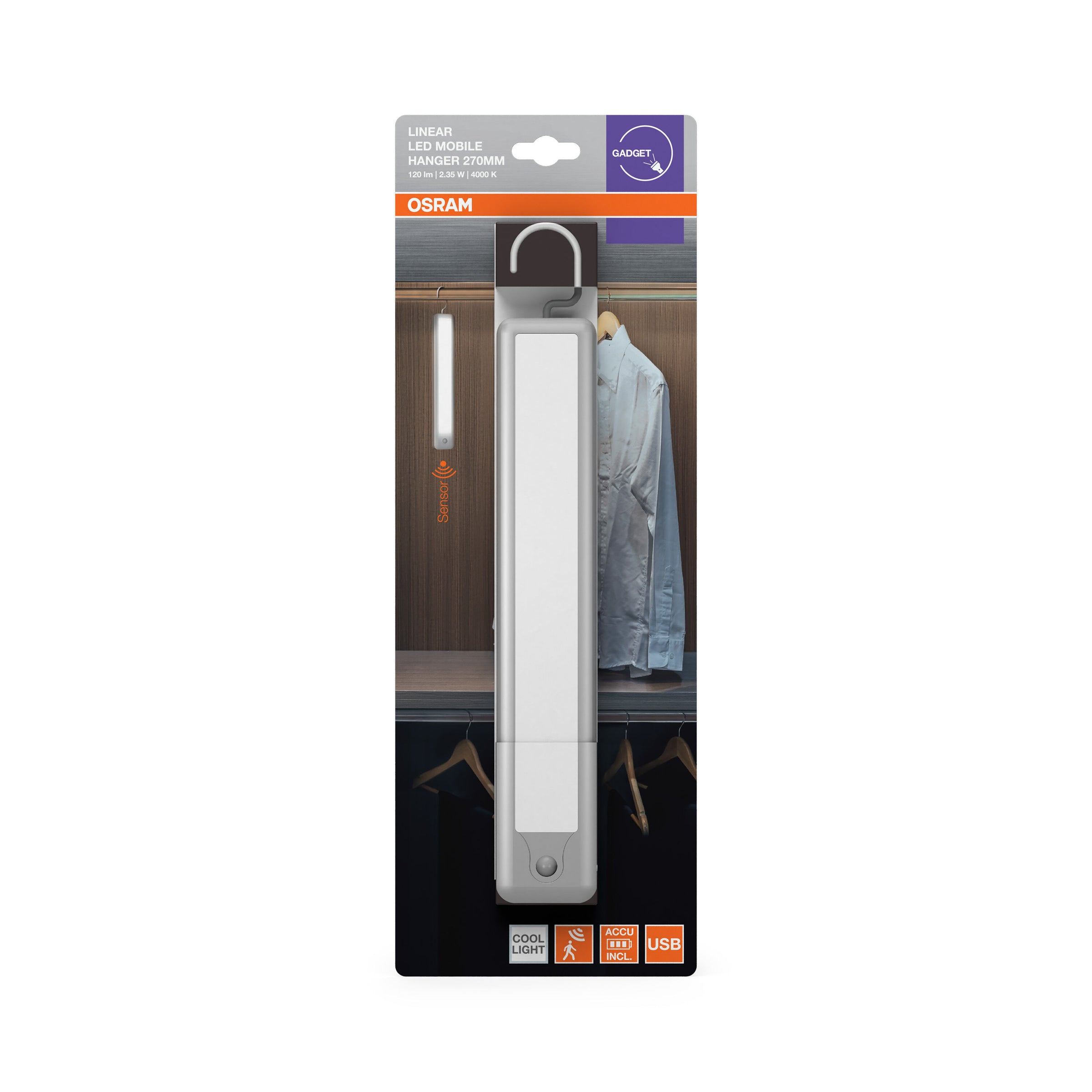 Light bar with hook, 47cm, LED 120lm, natural white light, USB rechargeable