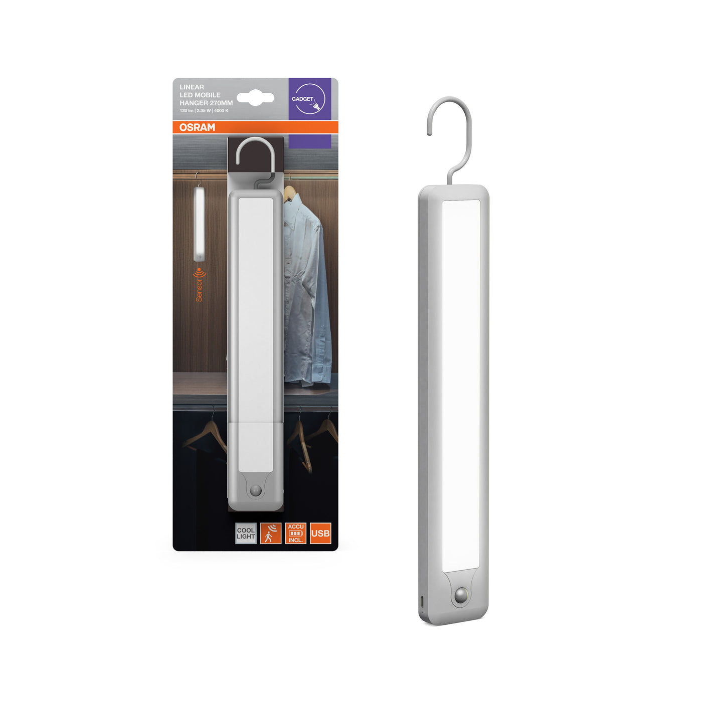 Light bar with hook, 47cm, LED 120lm, natural white light, USB rechargeable