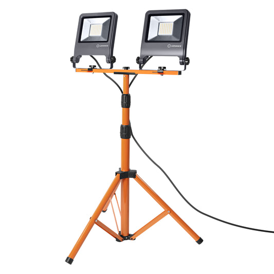 Yellow aluminium tripod LED floodlight, 2x50W, natural light, IP65