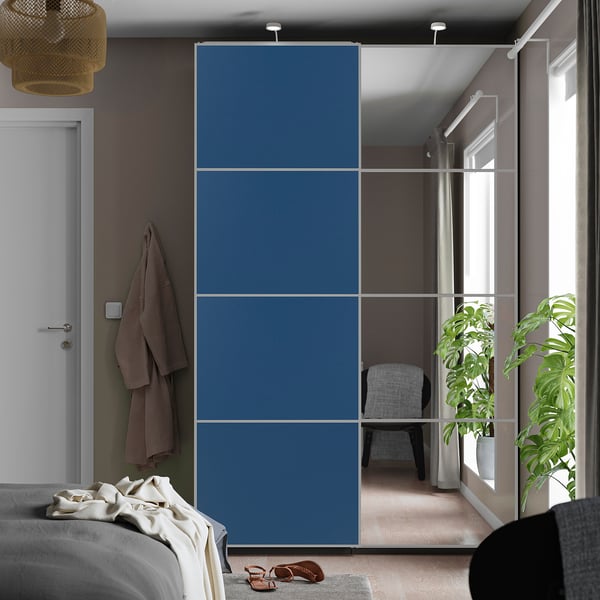 AULI / MEHAMN pair of sliding doors, aluminium mirror glass/double sided blue, 150x236 cm