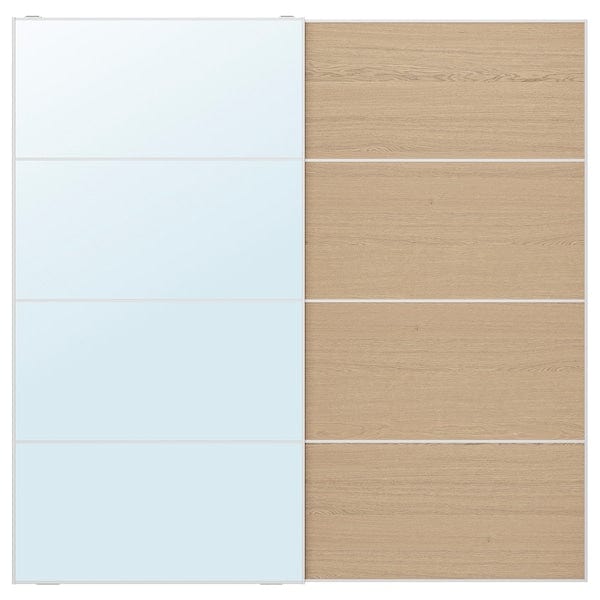 Ikea AULI / MEHAMN - Pair of sliding doors, aluminium mirror glass/double sided white stained oak effect, 200x201 cm