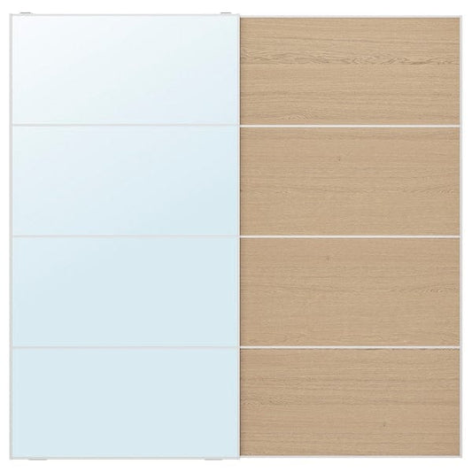 Ikea AULI / MEHAMN - Pair of sliding doors, aluminium mirror glass/double sided white stained oak effect, 200x201 cm