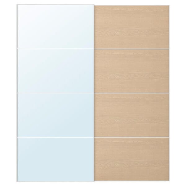 Ikea AULI / MEHAMN - Pair of sliding doors, aluminium mirror glass/double sided white stained oak effect, 200x236 cm