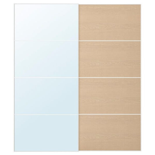 Ikea AULI / MEHAMN - Pair of sliding doors, aluminium mirror glass/double sided white stained oak effect, 200x236 cm