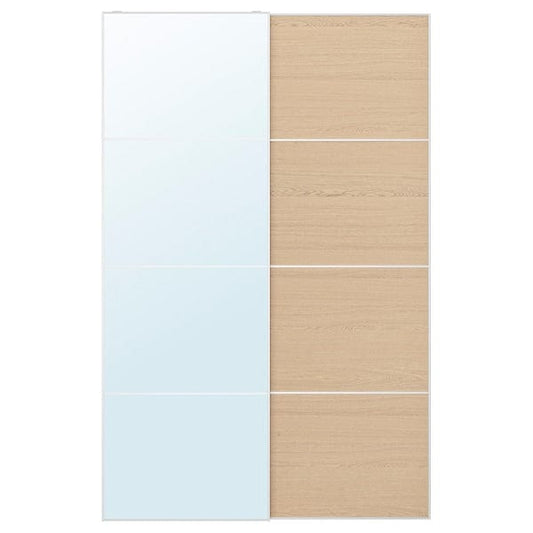 Ikea AULI / MEHAMN - Pair of sliding doors, aluminium mirror glass/double sided white stained oak effect, 150x236 cm