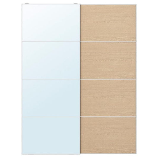 Ikea AULI / MEHAMN - Pair of sliding doors, aluminium mirror glass/double sided white stained oak effect, 150x201 cm