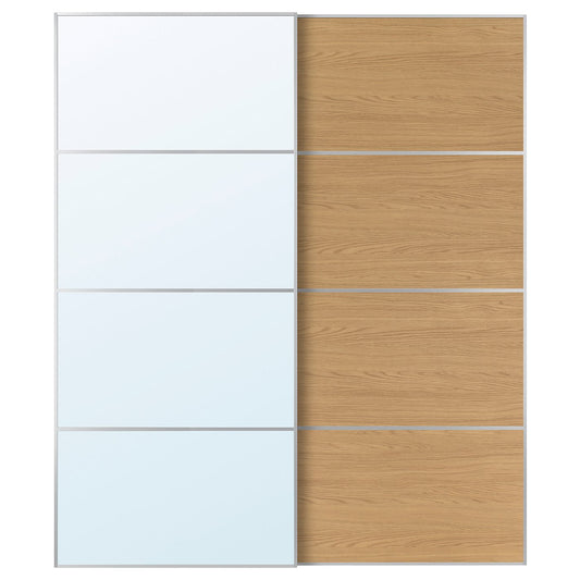 AULI / MEHAMN pair of sliding doors, aluminium mirror glass/double sided oak effect, 200x236x8.0 cm