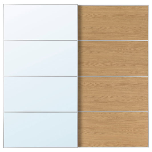 AULI / MEHAMN pair of sliding doors, aluminium mirror glass/double sided oak effect, 200x201x8.0 cm