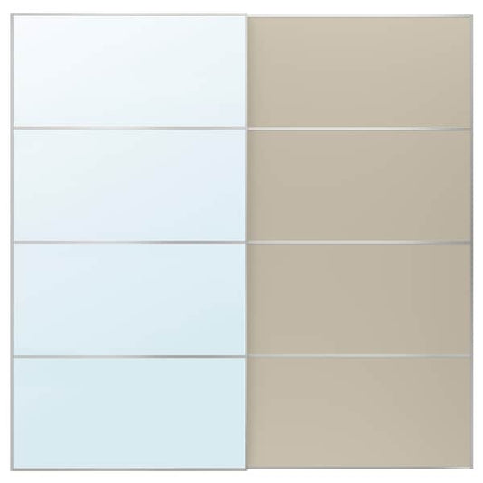 Ikea AULI / MEHAMN - Pair of sliding doors, aluminium mirror glass/double sided grey-beige, 200x201 cm