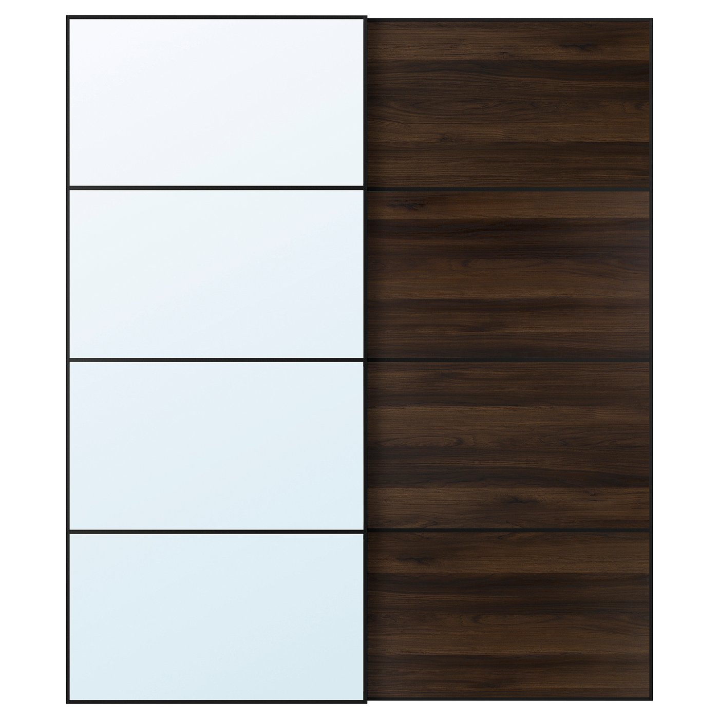 AULI / MEHAMN pair of sliding doors, black mirror glass/double sided dark brown oak effect, 200x236x8.0 cm