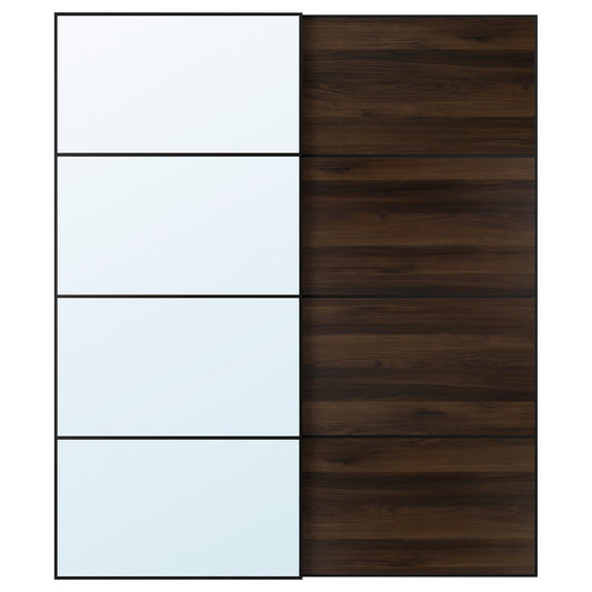 AULI / MEHAMN pair of sliding doors, black mirror glass/double sided dark brown oak effect, 200x236x8.0 cm