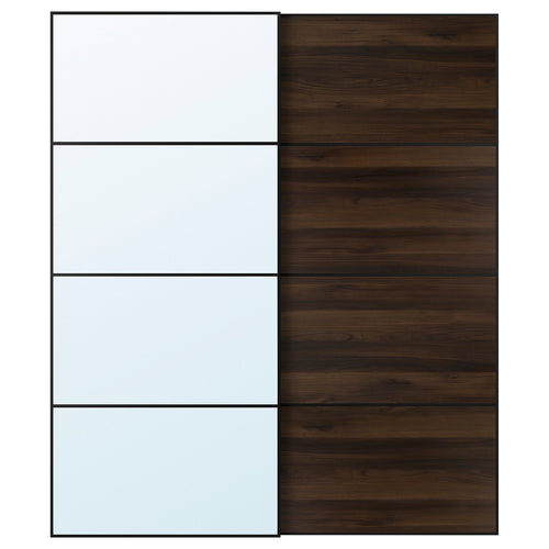 AULI / MEHAMN pair of sliding doors, black mirror glass/double sided dark brown oak effect, 200x236x8.0 cm