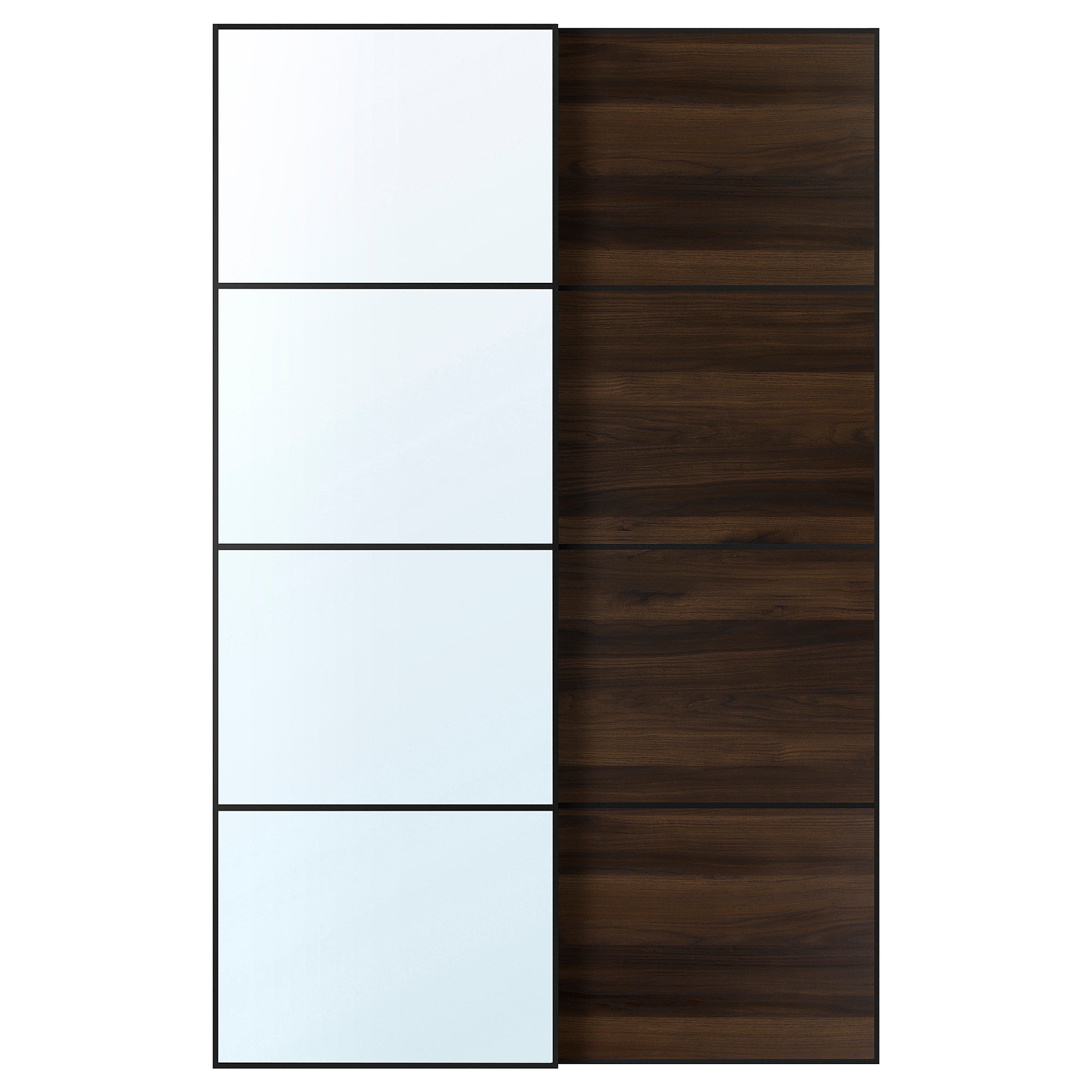 AULI / MEHAMN pair of sliding doors, black mirror glass/double sided dark brown oak effect, 150x236 cm