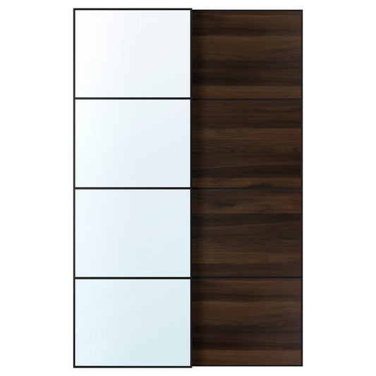 AULI / MEHAMN pair of sliding doors, black mirror glass/double sided dark brown oak effect, 150x236 cm