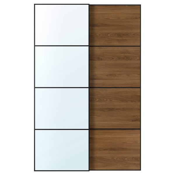 AULI / MEHAMN pair of sliding doors, black glass mirror/double-face walnut, 150x236 cm