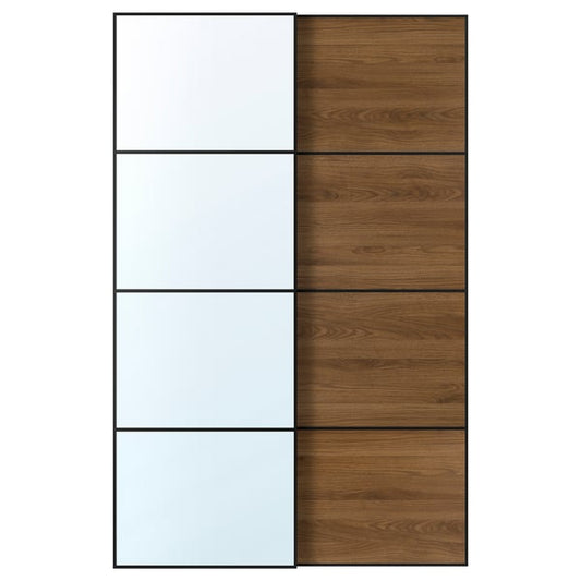 AULI / MEHAMN pair of sliding doors, black glass mirror/double-face walnut, 150x236 cm