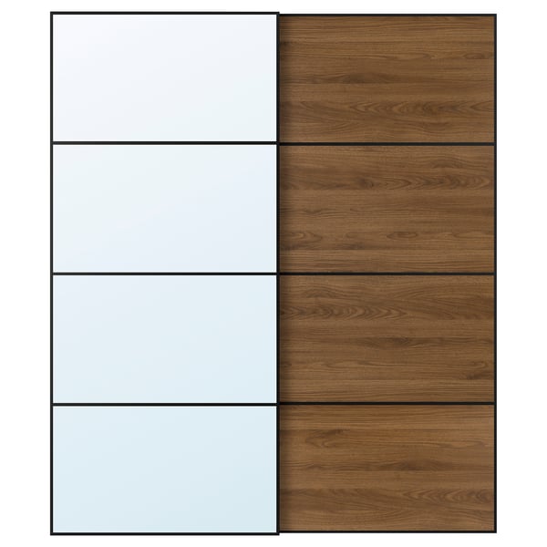 AULI / MEHAMN pair of sliding doors, black mirror glass/double-face walnut, 200x236 cm