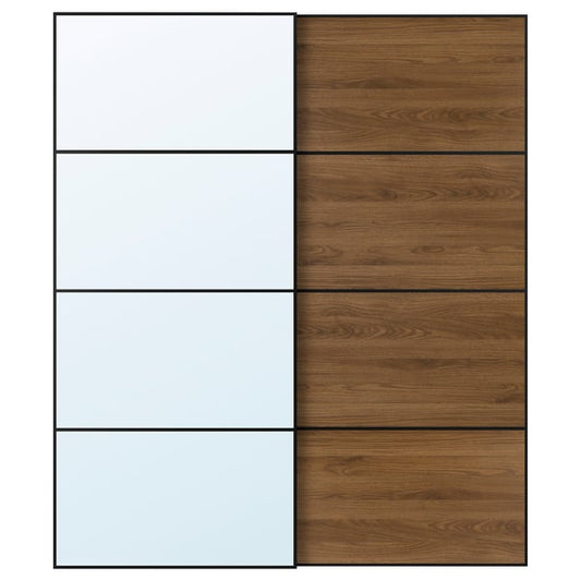 AULI / MEHAMN pair of sliding doors, black mirror glass/double-face walnut, 200x236 cm