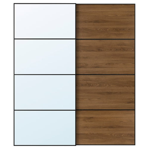 AULI / MEHAMN pair of sliding doors, black mirror glass/double sided walnut, 200x236 cm