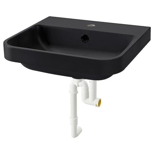 BACKSJÖN - Semi-recessed washbasin with siphon, black,50x43 cm