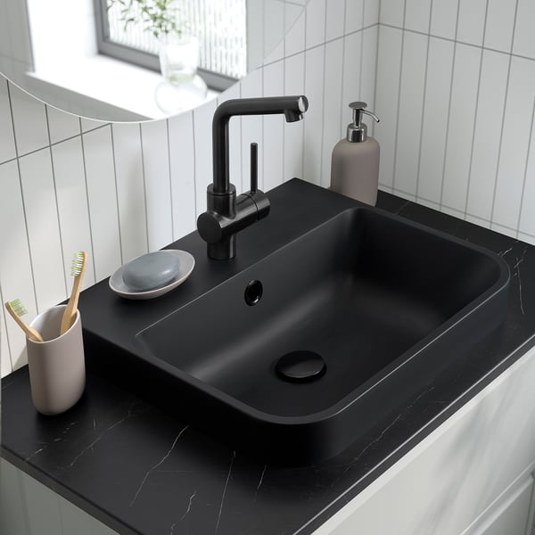 BACKSJÖN semi-recessed wash-basin w watr trp, black, 50x43 cm