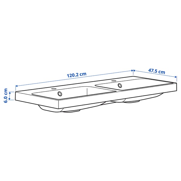 BACKSJÖN double wash-basin with water trap, white, 120x48 cm