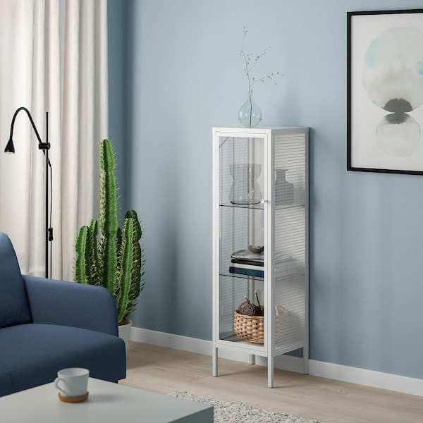 Ikea BAGGEBO - Cabinet with glass doors, metal/white, 34x30x116 cm