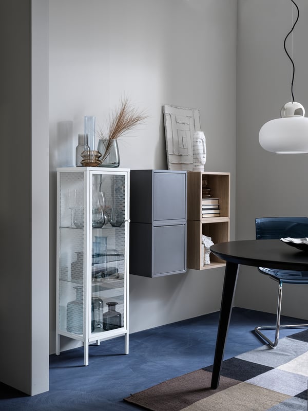BAGGEBO glass-door cabinet, metal/white, 34x30x116 cm