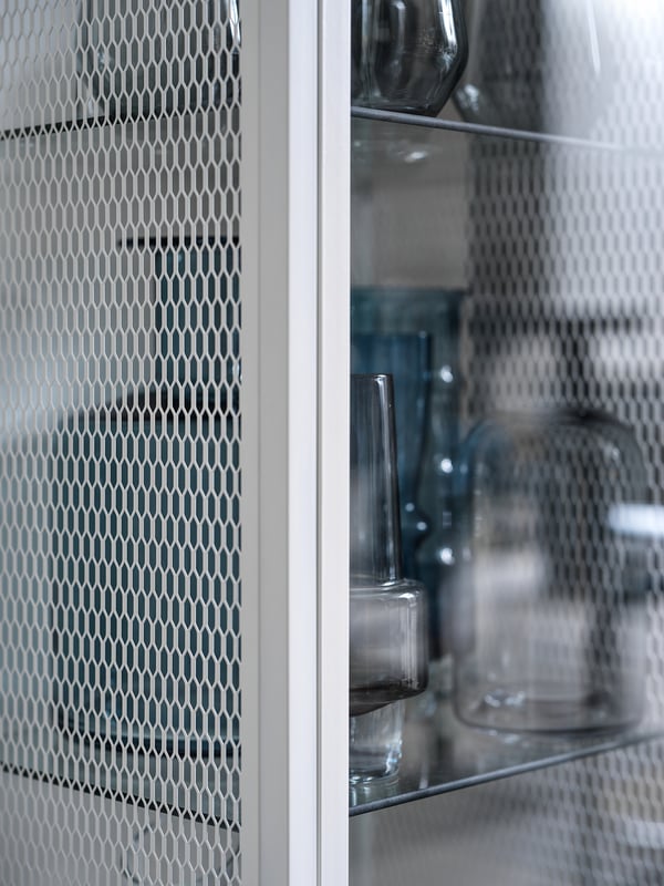 BAGGEBO glass-door cabinet, metal/white, 34x30x116 cm