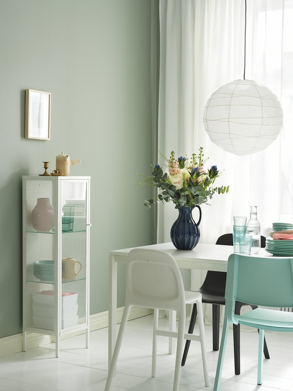 BAGGEBO glass-door cabinet, metal/white, 34x30x116 cm