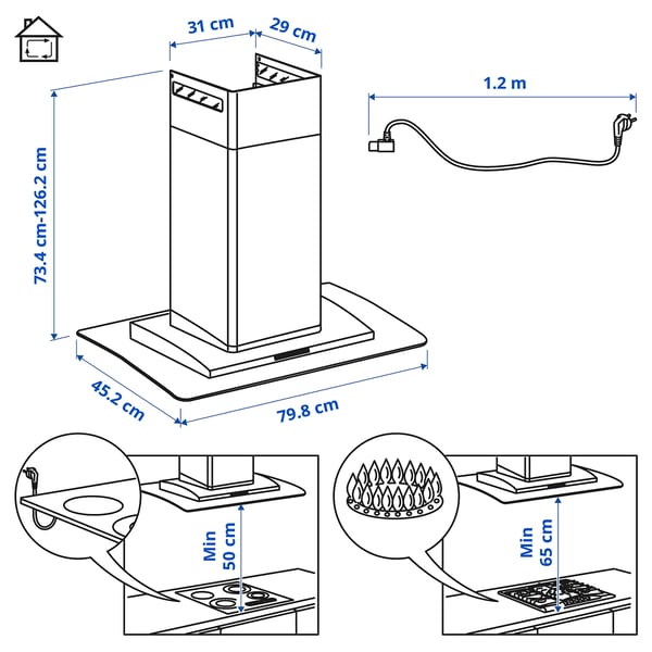 BALANSERAD Hood to be fixed to the wall - stainless steel/glass 80 cm , 80 cm