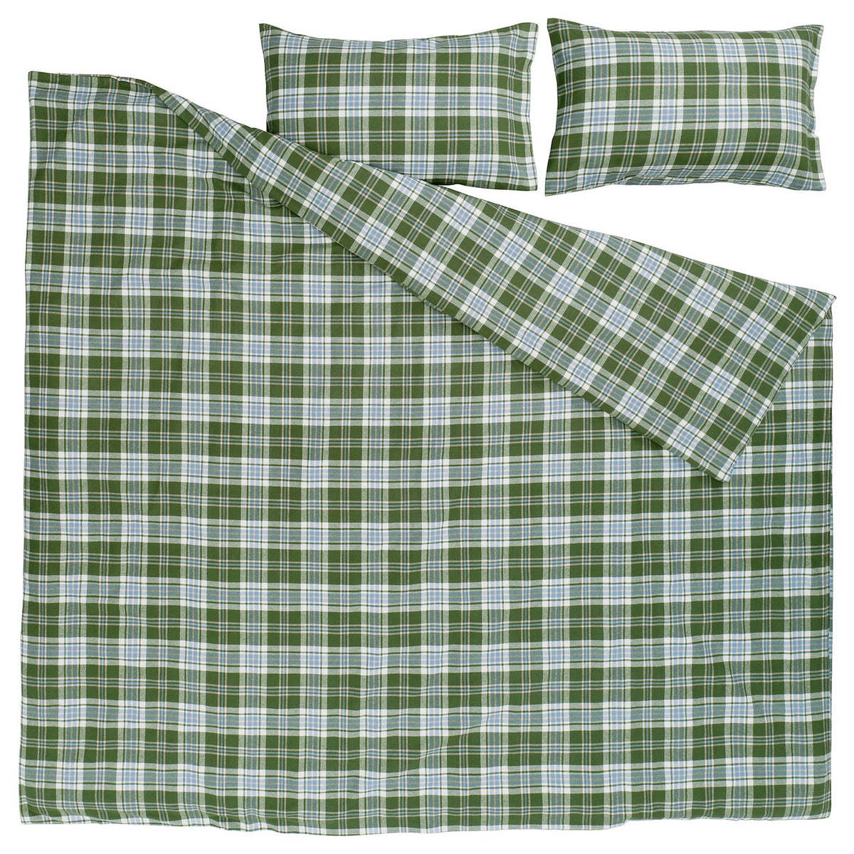 BANBJÖRNBÄR duvet cover and 2 pillowcases, dark green/check, 240x220/50x80 cm