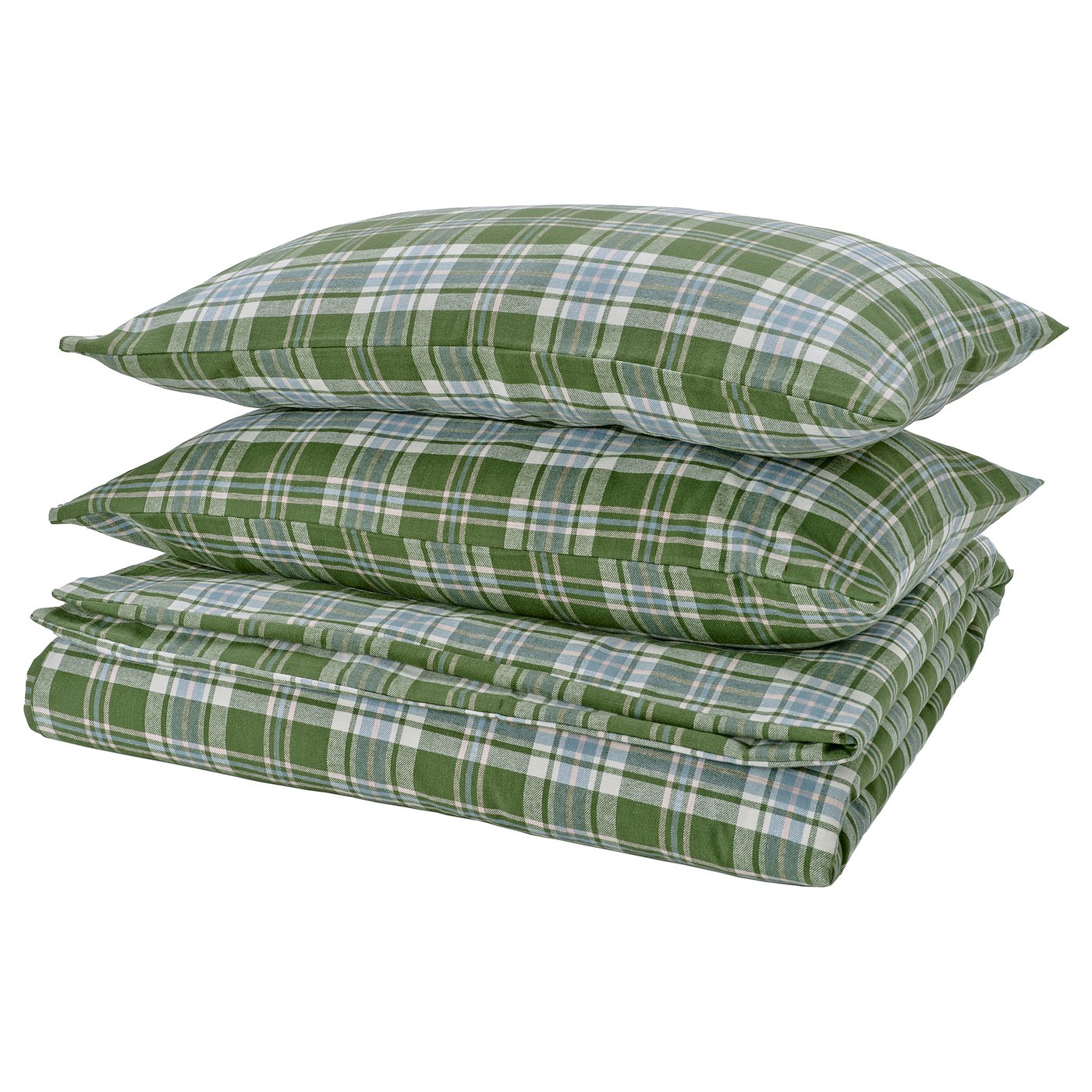 BANBJÖRNBÄR duvet cover and 2 pillowcases, dark green/check, 240x220/50x80 cm