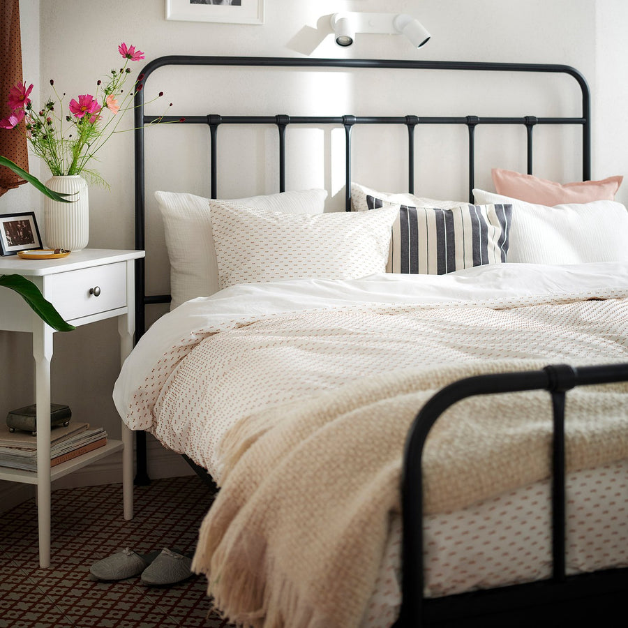 BANDKNIPPE duvet cover and 2 pillowcases, white/beige, 220x240 cm