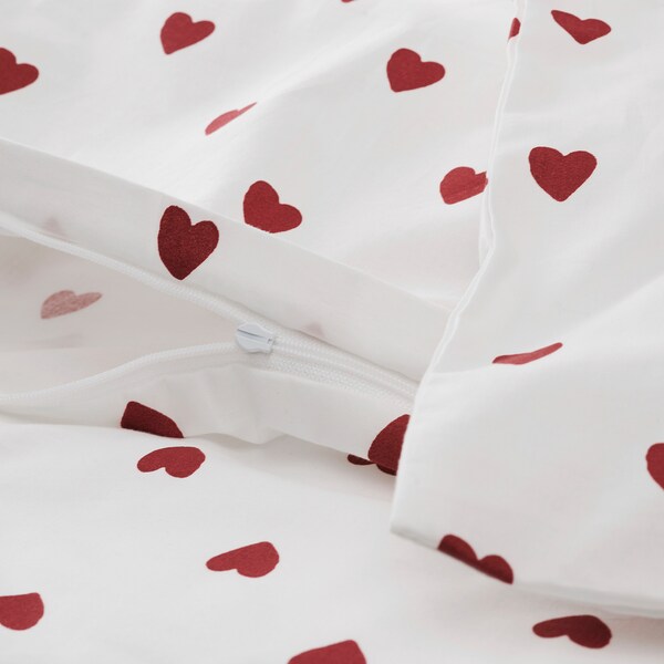 BARNDRÖM - Duvet cover 1 pillowcase for cot, heart pattern/white red, 110x125/35x55 cm