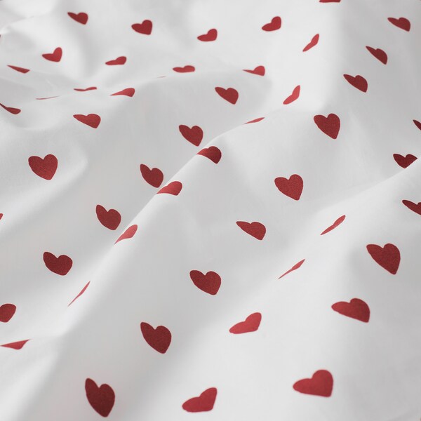 BARNDRÖM - Duvet cover 1 pillowcase for cot, heart pattern/white red, 110x125/35x55 cm