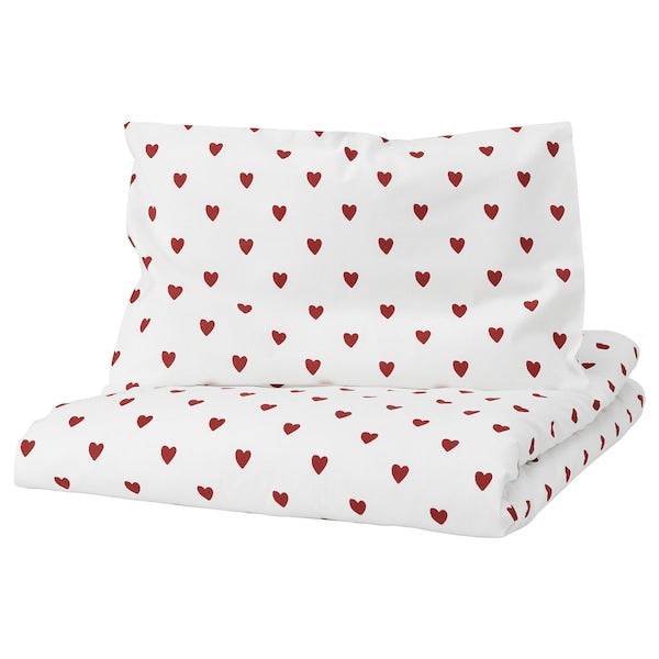 BARNDRÖM - Duvet cover 1 pillowcase for cot, heart pattern/white red, 110x125/35x55 cm