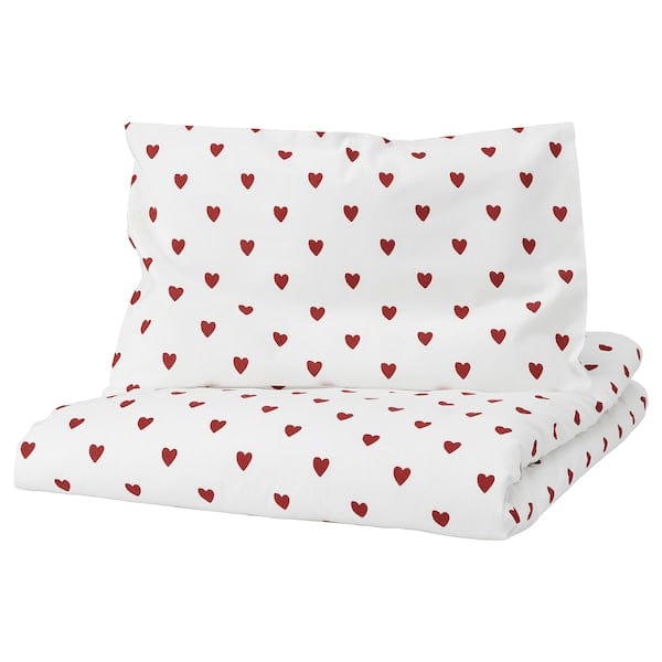 Ikea BARNDRÖM - Duvet cover 1 pillowcase for cot, heart pattern/white red, 110x125/35x55 cm