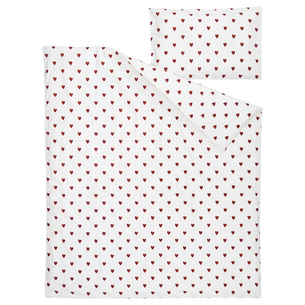 BARNDRÖM - Duvet cover 1 pillowcase for cot, heart pattern/white red, 110x125/35x55 cm