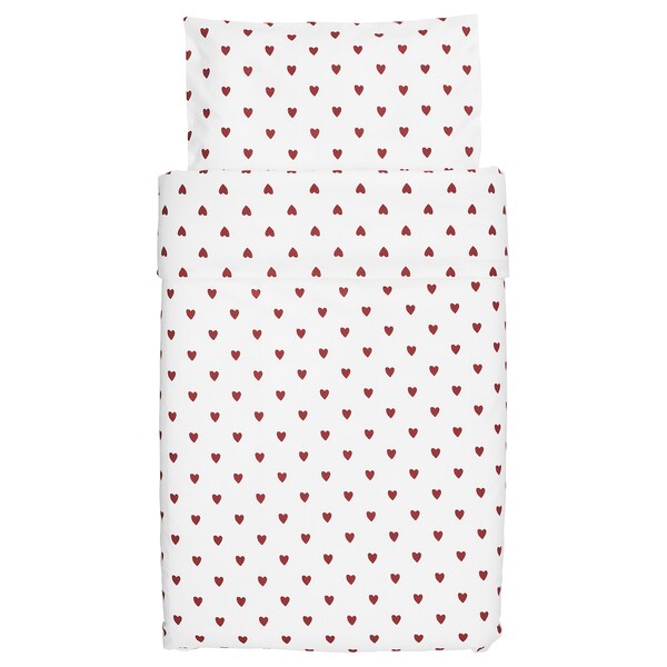 BARNDRÖM - Duvet cover 1 pillowcase for cot, heart pattern/white red, 110x125/35x55 cm