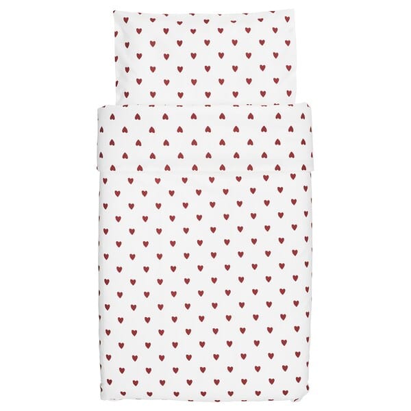 Ikea BARNDRÖM - Duvet cover 1 pillowcase for cot, heart pattern/white red, 110x125/35x55 cm