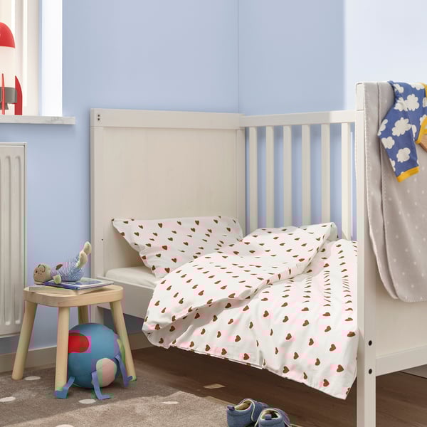 BARNDRÖM duvet cover 1 pillowcase for cot, heart pattern/white red, 110x125/35x55 cm