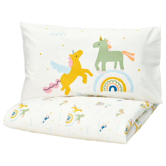 BARNDRÖM duvet cover and pillowcase, white multicolour/unicorn pattern, 150x200/50x80 cm