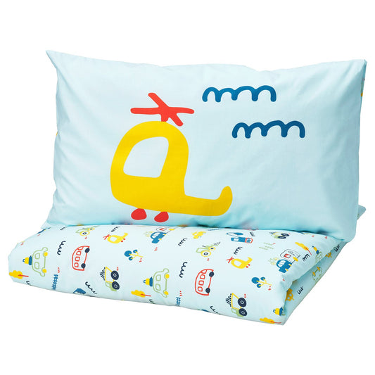 BARNDRÖM duvet cover and pillowcase, blue/vehicles pattern, 150x200/50x80 cm