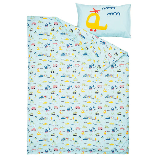 BARNDRÖM duvet cover and pillowcase, blue/vehicles pattern, 150x200/50x80 cm